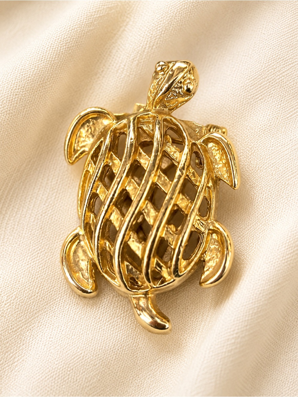 Gold Tone Turtle Brooch Vintage Animal Pin Textured Shell